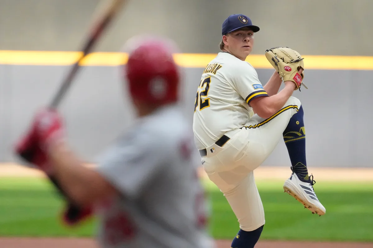 May 26, 2026; Milwaukee, Wisconsin, USA; Milwaukee Brewers pitcher Kyle Harrison (52) delivers a pitch against the St. Louis Cardinals in the first inning at American Family Field. Mandatory Credit: Michael McLoone-Imagn Images