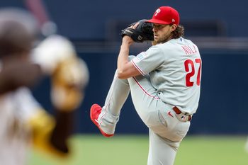May 26, 2026; San Diego, California, USA; Philadelphia Phillies starting pitcher Aaron Nola (27) throws a pitch during the first inning against the San Diego Padres at Petco Park. Mandatory Credit: David Frerker-Imagn Images