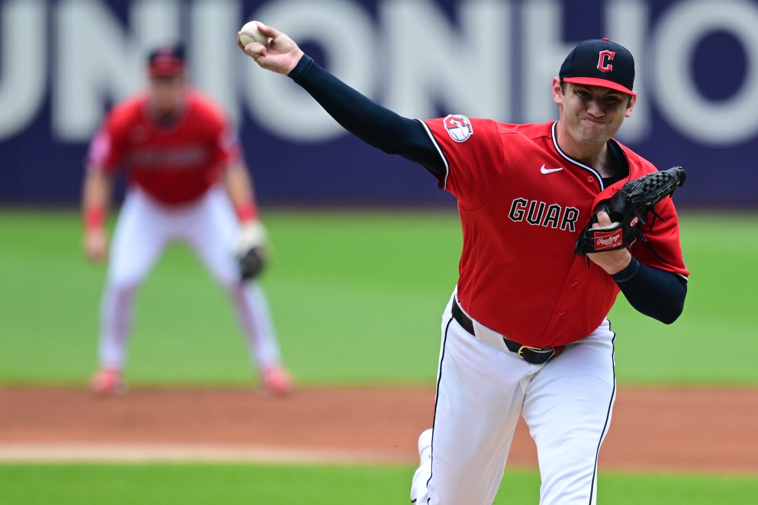 May 27, 2026; Cleveland, Ohio, USA; Cleveland Guardians starting pitcher Gavin Williams (32) throws a pitch during the first inning against the Washington Nationals at Progressive Field. Mandatory Credit: David Dermer-Imagn Images