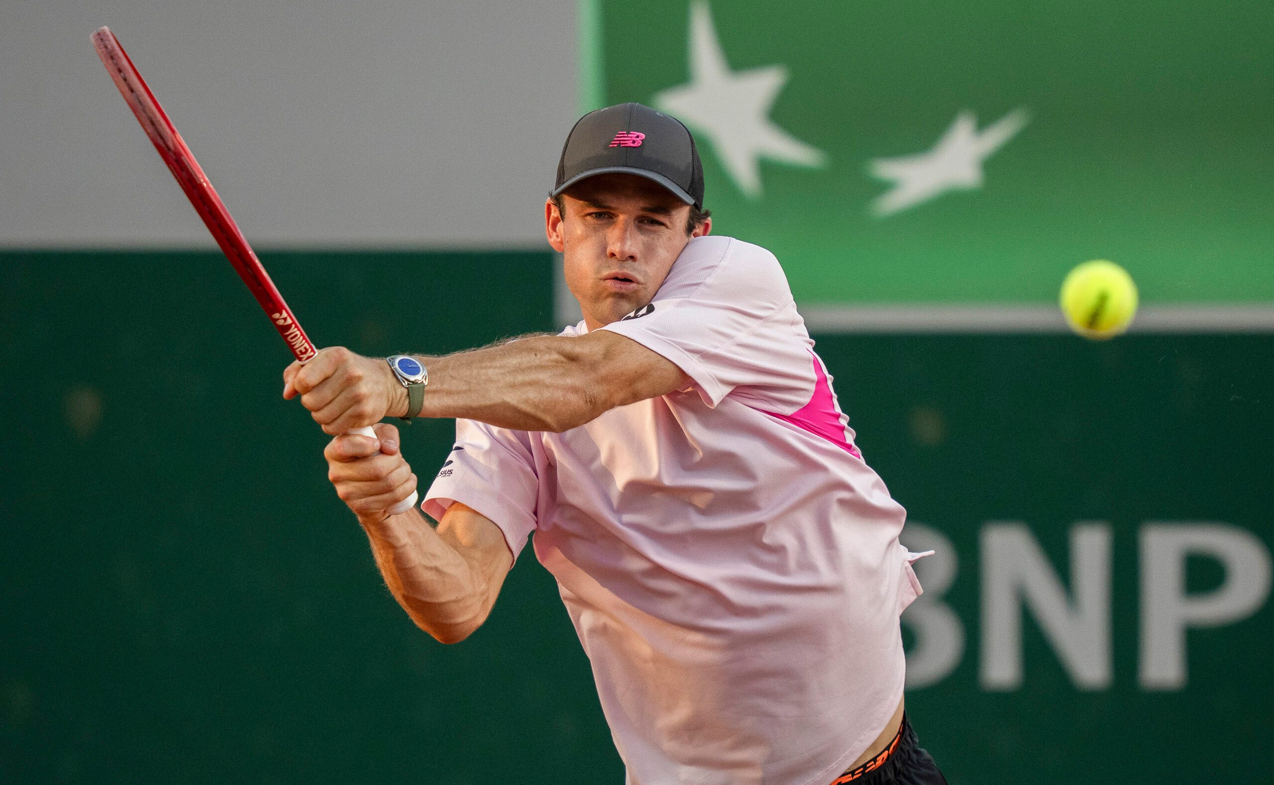 May 27, 2026; Paris, France; Tommy Paul of the United States returns a shot during his match against Lorenzo Musetti of Italy on day four at Stade Roland Garros. Mandatory Credit: Susan Mullane-Imagn Images