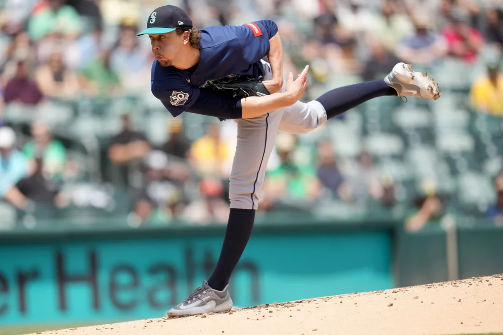 May 27, 2026; West Sacramento, California, USA; Seattle Mariners pitcher Logan Gilbert (36) follows through on a pitch against the Athletics in the first inning at Sutter Health Park. Mandatory Credit: Cary Edmondson-Imagn Images