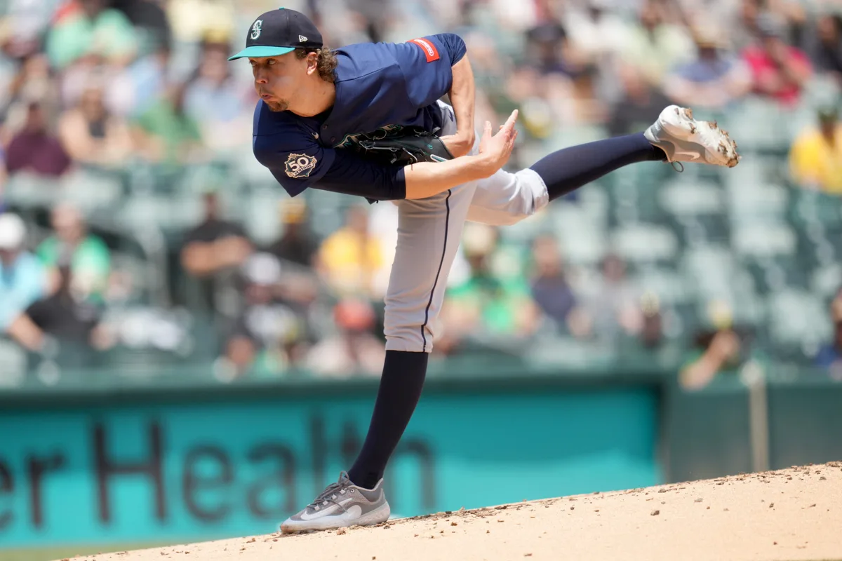 May 27, 2026; West Sacramento, California, USA; Seattle Mariners pitcher Logan Gilbert (36) follows through on a pitch against the Athletics in the first inning at Sutter Health Park. Mandatory Credit: Cary Edmondson-Imagn Images
