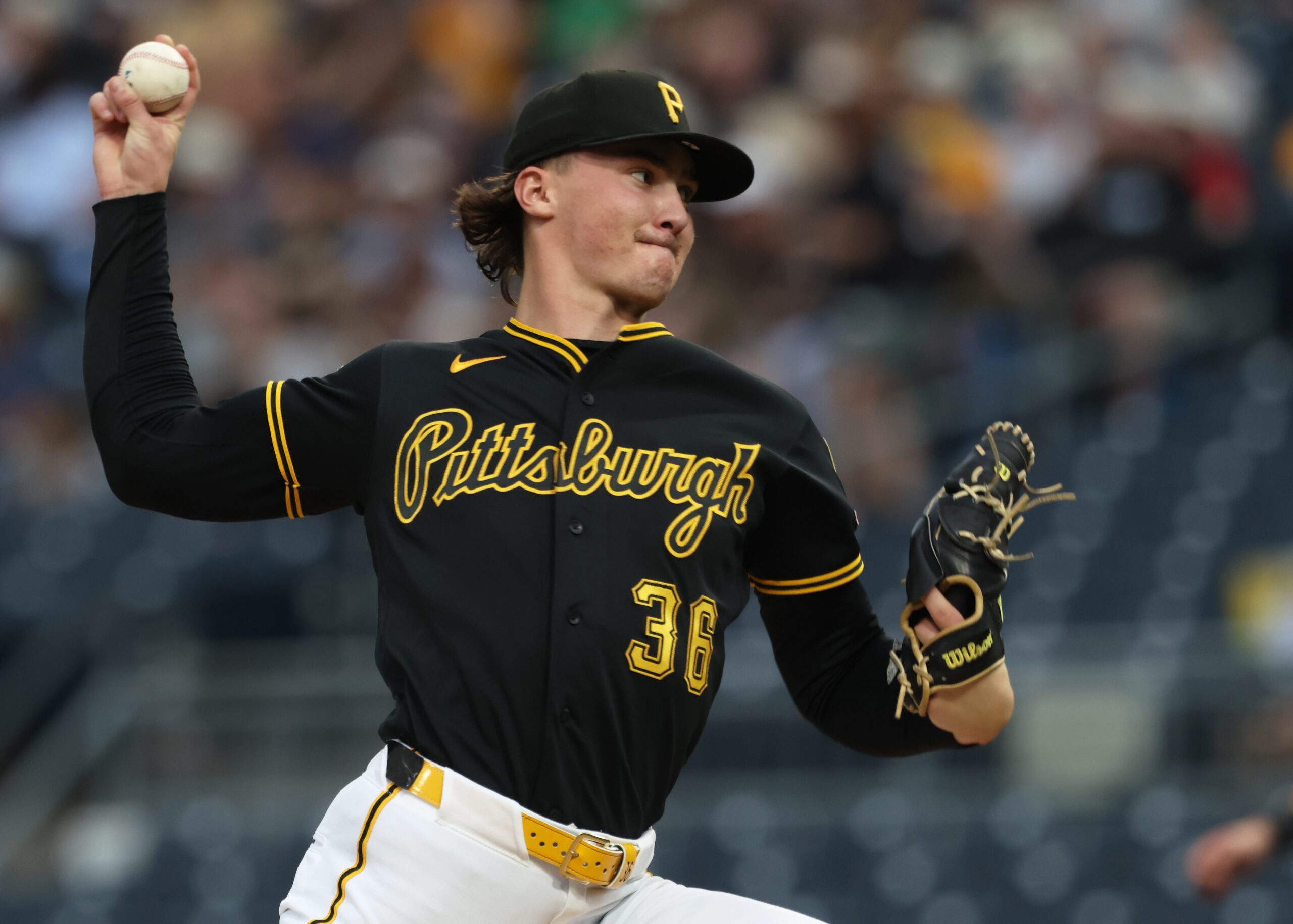 May 27, 2026; Pittsburgh, Pennsylvania, USA;  Pittsburgh Pirates starting pitcher Bubba Chandler (36) delivers a pitch against the Chicago Cubs during the first inning at PNC Park. Mandatory Credit: Charles LeClaire-Imagn Images