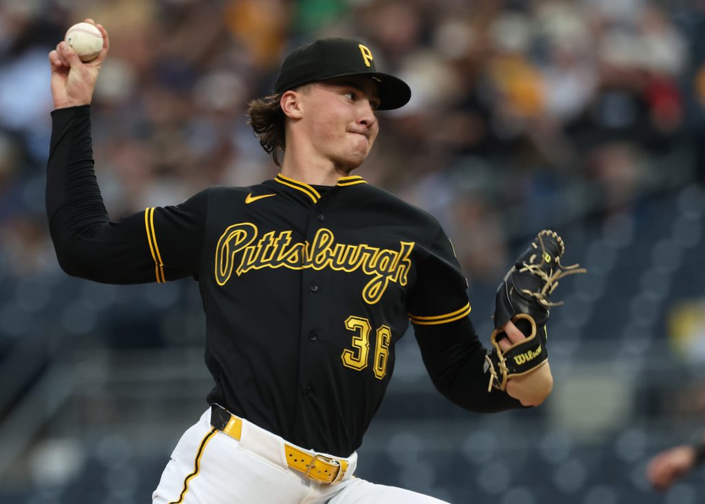May 27, 2026; Pittsburgh, Pennsylvania, USA; Pittsburgh Pirates starting pitcher Bubba Chandler (36) delivers a pitch against the Chicago Cubs during the first inning at PNC Park. Mandatory Credit: Charles LeClaire-Imagn Images