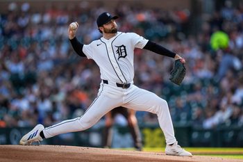 Detroit Tigers pitcher Casey Mize (12) throws against Los Angeles Angels during the first inning at Comerica Park in Detroit on Wednesday, May 27, 2026.