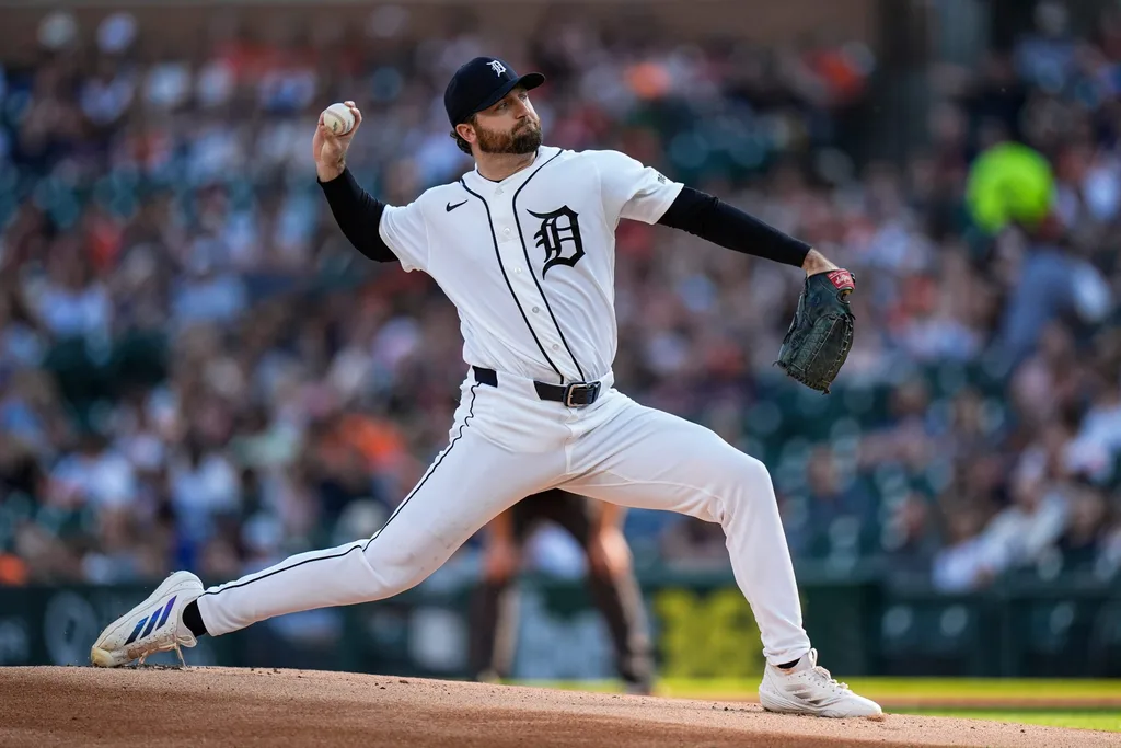 Detroit Tigers pitcher Casey Mize (12) throws against Los Angeles Angels during the first inning at Comerica Park in Detroit on Wednesday, May 27, 2026.