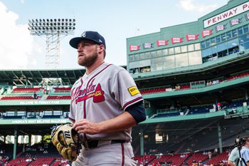 May 27, 2026; Boston, Massachusetts, USA; Atlanta Braves pitcher Bryce Elder (55) walks to the bullpen before the start of the game against the Boston Red Sox at Fenway Park. Mandatory Credit: David Butler II-Imagn Images