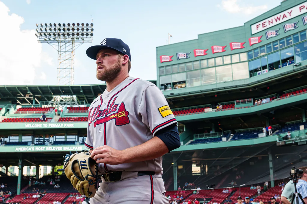 May 27, 2026; Boston, Massachusetts, USA; Atlanta Braves pitcher Bryce Elder (55) walks to the bullpen before the start of the game against the Boston Red Sox at Fenway Park. Mandatory Credit: David Butler II-Imagn Images