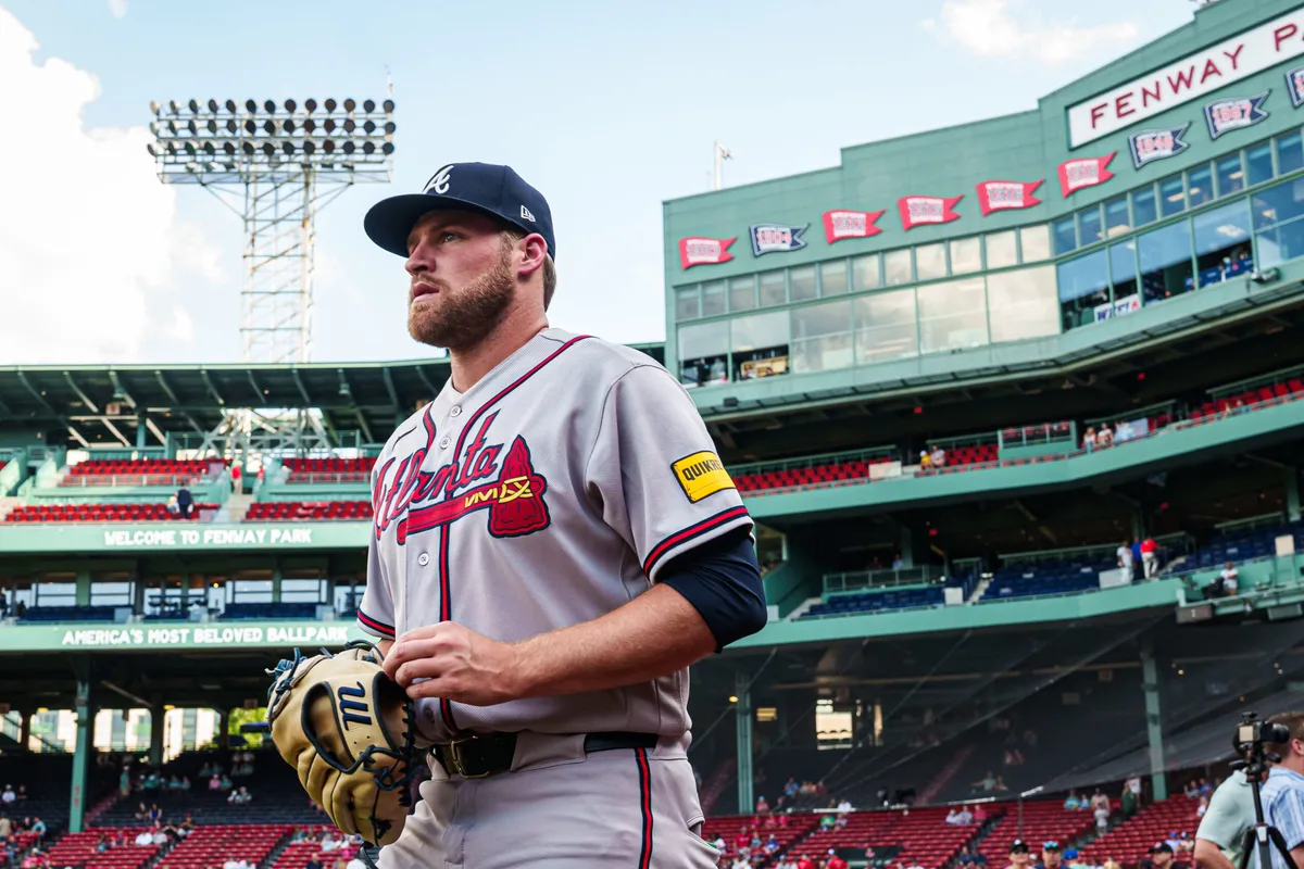 May 27, 2026; Boston, Massachusetts, USA; Atlanta Braves pitcher Bryce Elder (55) walks to the bullpen before the start of the game against the Boston Red Sox at Fenway Park. Mandatory Credit: David Butler II-Imagn Images