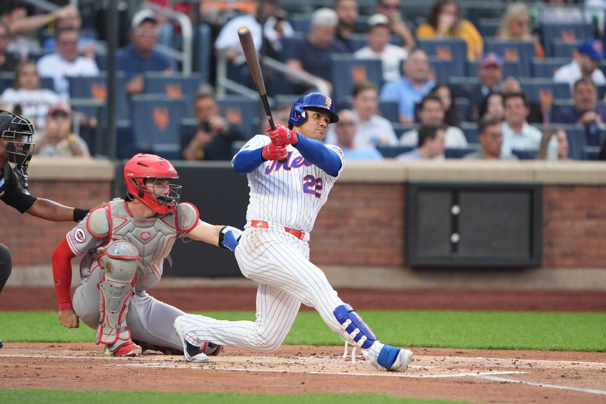 May 27, 2026; New York City, New York, USA; New York Mets left fielder Juan Soto (22) hits a home run against the Cincinnati Reds during the first inning at Citi Field. Mandatory Credit: Gregory Fisher-Imagn Images