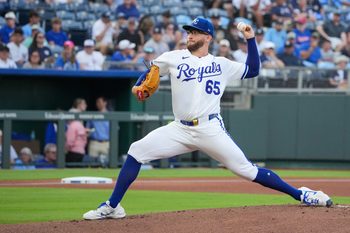 May 27, 2026; Kansas City, Missouri, USA; Kansas City Royals starting pitcher Noah Cameron (65) delivers a pitch against the New York Yankees during the first inning at Kauffman Stadium. Mandatory Credit: Denny Medley-Imagn Images