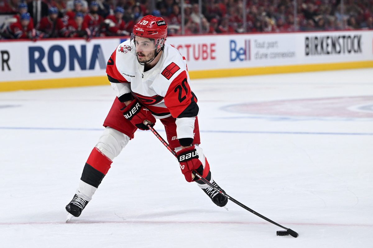 May 27, 2026; Montreal, Quebec, CAN; Carolina Hurricanes center Sebastian Aho (20) shoots the puck against the Montreal Canadiens during the second period in game four of the Eastern Conference Final of the 2026 Stanley Cup Playoffs at Bell Centre. Mandatory Credit: David Kirouac-Imagn Images