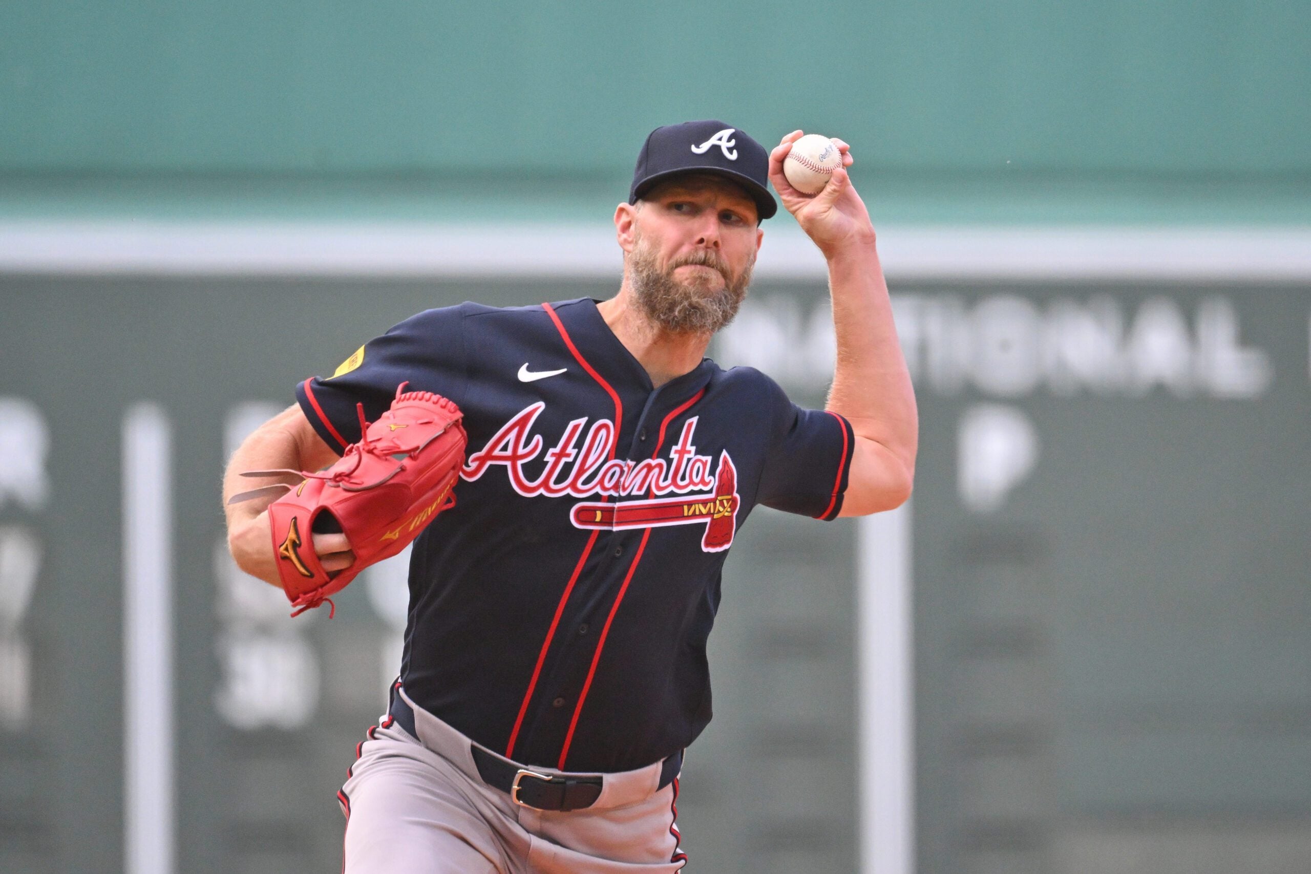 May 28, 2026; Boston, Massachusetts, USA; Atlanta Braves starting pitcher Chris Sale (51) pitches against the Boston Red Sox during the first inning at Fenway Park. Mandatory Credit: Eric Canha-Imagn Images