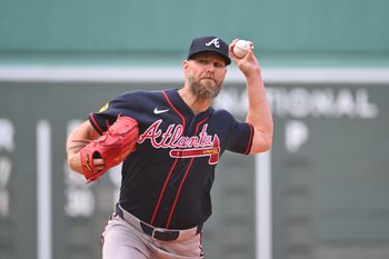 May 28, 2026; Boston, Massachusetts, USA; Atlanta Braves starting pitcher Chris Sale (51) pitches against the Boston Red Sox during the first inning at Fenway Park. Mandatory Credit: Eric Canha-Imagn Images