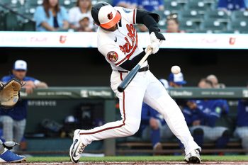 May 27, 2026; Baltimore, Maryland, USA; Baltimore Orioles designated hitter Taylor Ward (3) hits a single during the first inning against the Toronto Blue Jays at Oriole Park at Camden Yards. Mandatory Credit: Daniel Kucin Jr.-Imagn Images