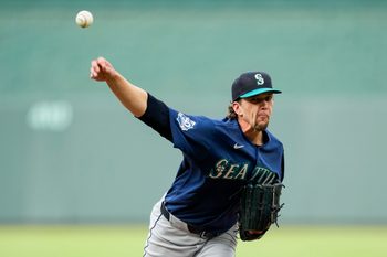 May 22, 2026; Kansas City, Missouri, USA; Seattle Mariners pitcher Logan Gilbert (36) pitches during the first inning against the Kansas City Royals at Kauffman Stadium. Mandatory Credit: Jay Biggerstaff-Imagn Images