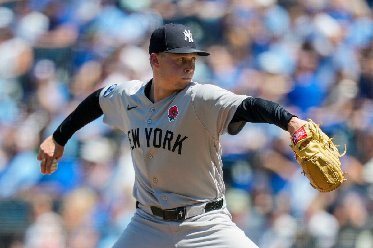 May 25, 2026; Kansas City, Missouri, USA; New York Yankees pitcher Will Warren (29) pitches during the first inning against the Kansas City Royals at Kauffman Stadium. Mandatory Credit: Jay Biggerstaff-Imagn Images