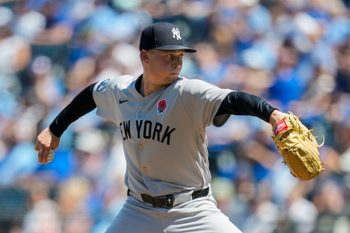 May 25, 2026; Kansas City, Missouri, USA; New York Yankees pitcher Will Warren (29) pitches during the first inning against the Kansas City Royals at Kauffman Stadium. Mandatory Credit: Jay Biggerstaff-Imagn Images