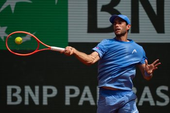 May 29, 2026; Paris, France; Nuno Borges of Portugal returns a shot during his match against Andrey Rublev on day six at Stade Roland Garros. Mandatory Credit: Susan Mullane-Imagn Images