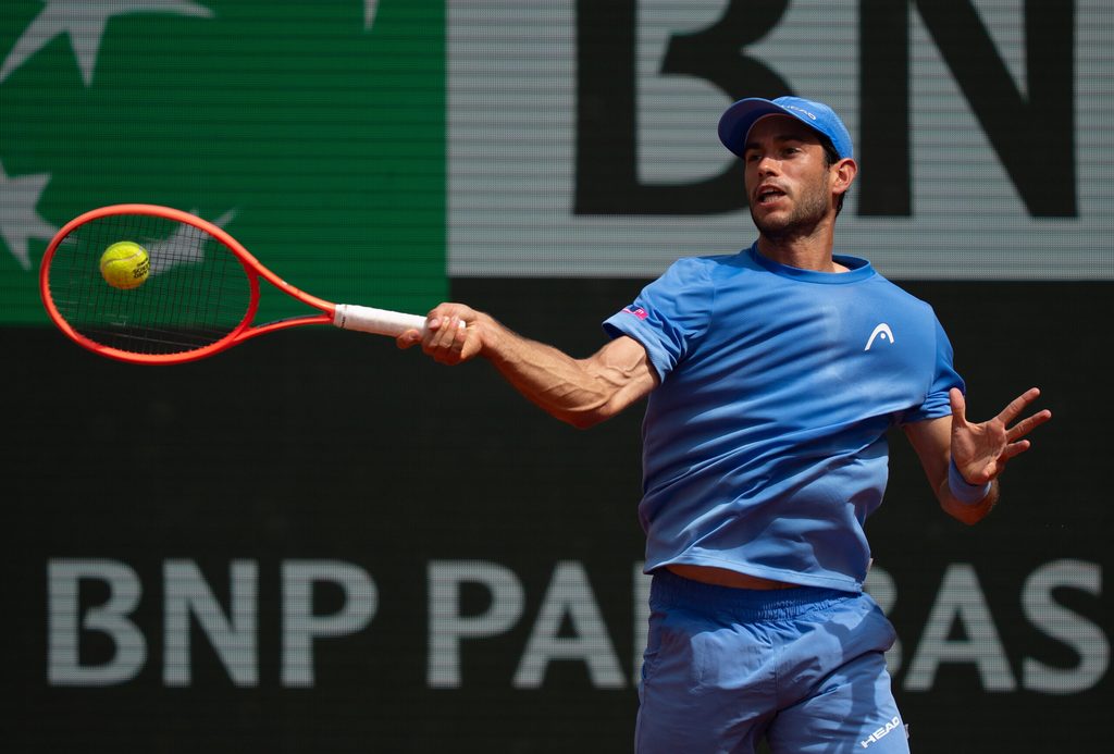 May 29, 2026; Paris, France; Nuno Borges of Portugal returns a shot during his match against Andrey Rublev on day six at Stade Roland Garros. Mandatory Credit: Susan Mullane-Imagn Images