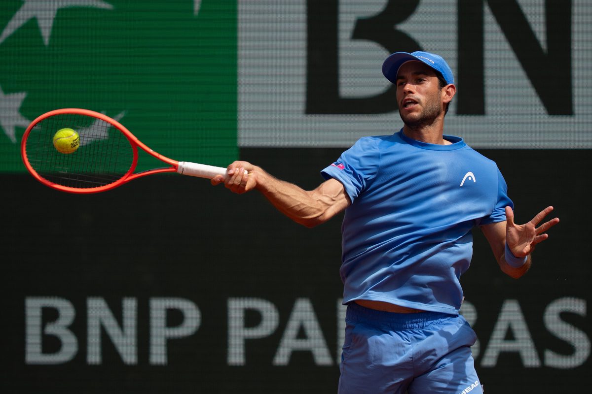 May 29, 2026; Paris, France; Nuno Borges of Portugal returns a shot during his match against Andrey Rublev on day six at Stade Roland Garros. Mandatory Credit: Susan Mullane-Imagn Images