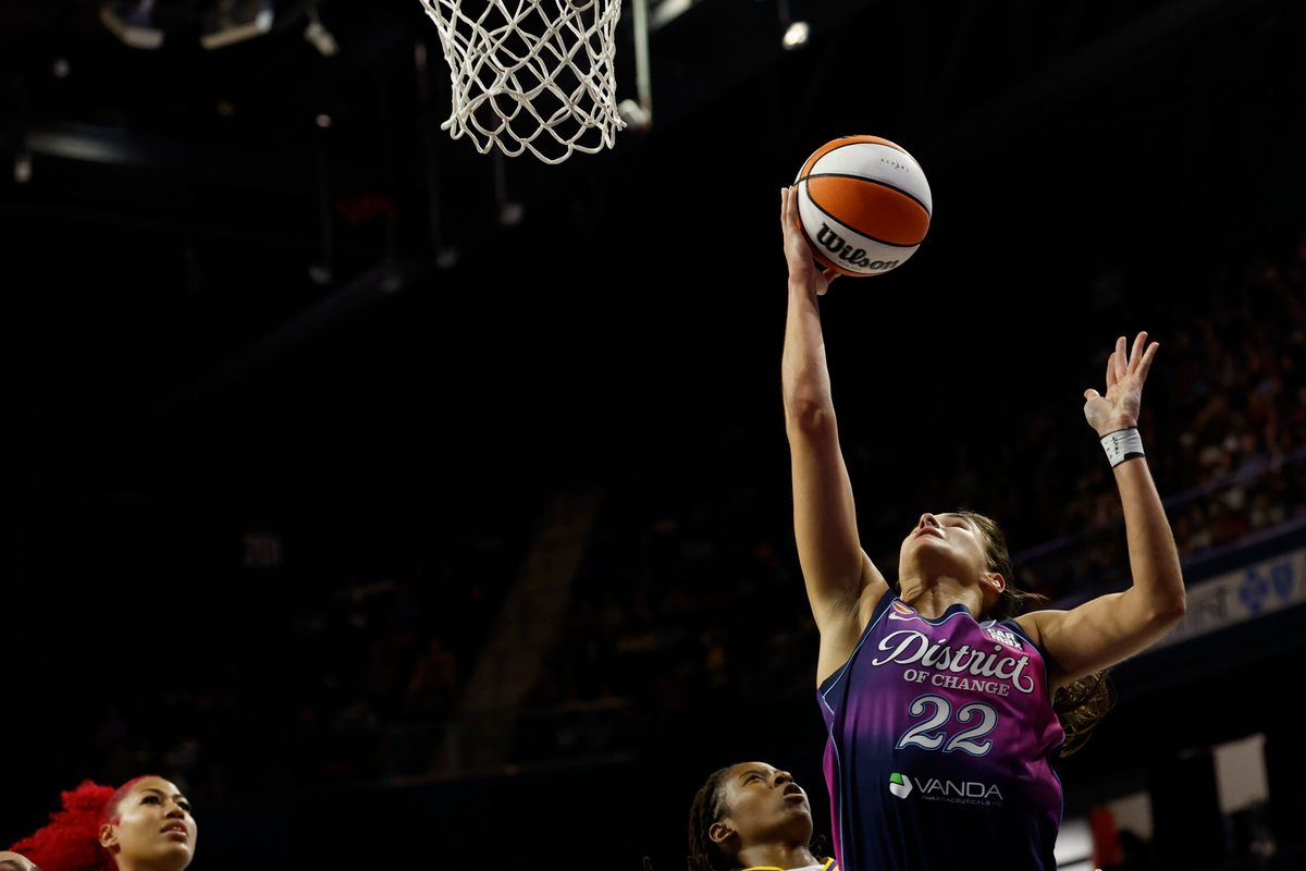 May 29, 2026; Washington, District of Columbia, USA; Washington Mystics guard Sonia Citron (22) shoots the ball against the Los Angeles Sparks in the second half at CareFirst Arena. Mandatory Credit: Geoff Burke-Imagn Images