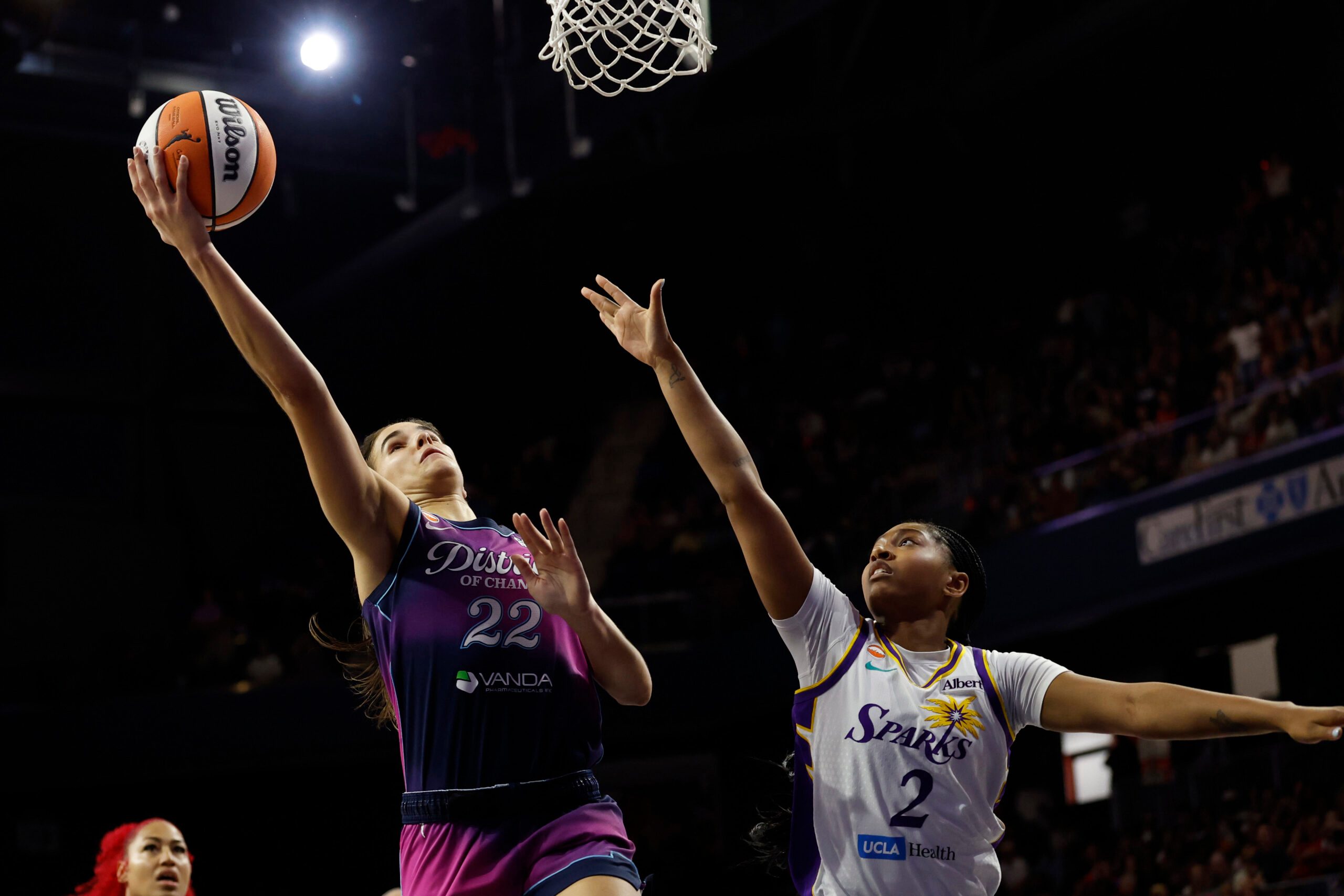 May 29, 2026; Washington, District of Columbia, USA; Washington Mystics guard Sonia Citron (22) shoots the ball as Los Angeles Sparks guard Chance Gray (2) defends in the second half at CareFirst Arena. Mandatory Credit: Geoff Burke-Imagn Images