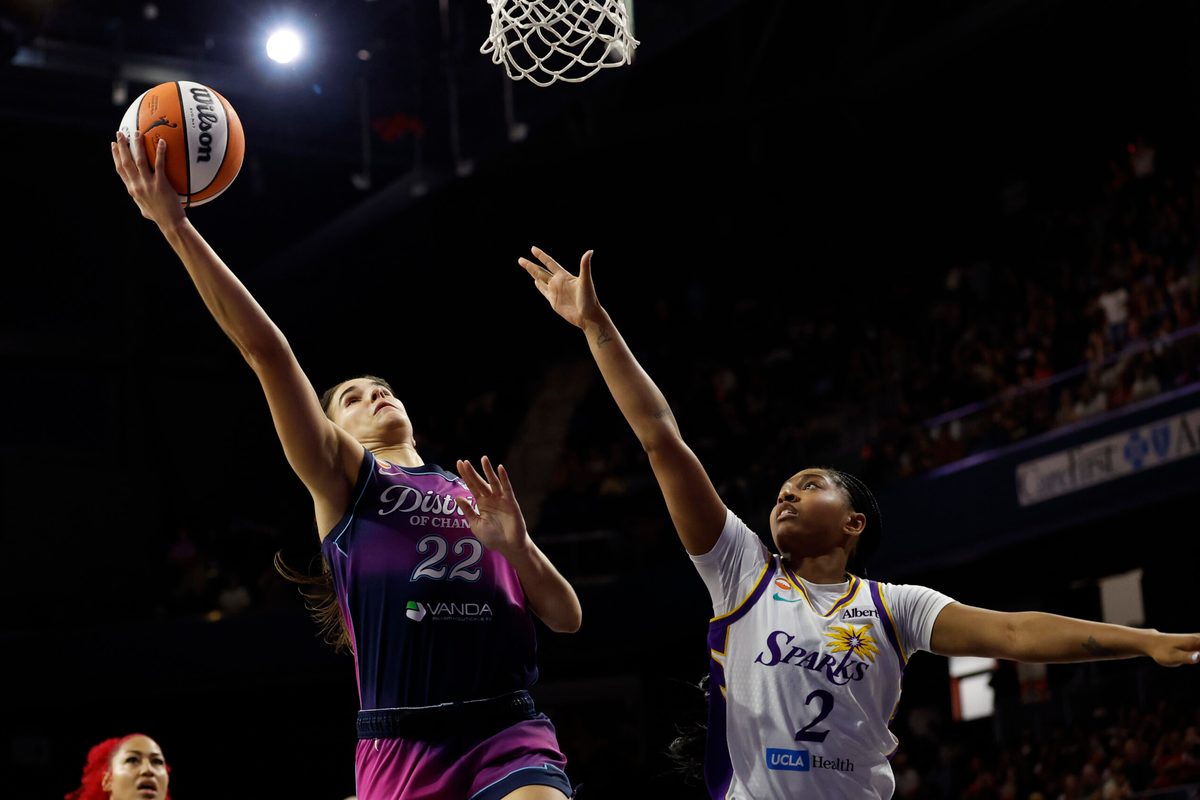 May 29, 2026; Washington, District of Columbia, USA; Washington Mystics guard Sonia Citron (22) shoots the ball as Los Angeles Sparks guard Chance Gray (2) defends in the second half at CareFirst Arena. Mandatory Credit: Geoff Burke-Imagn Images