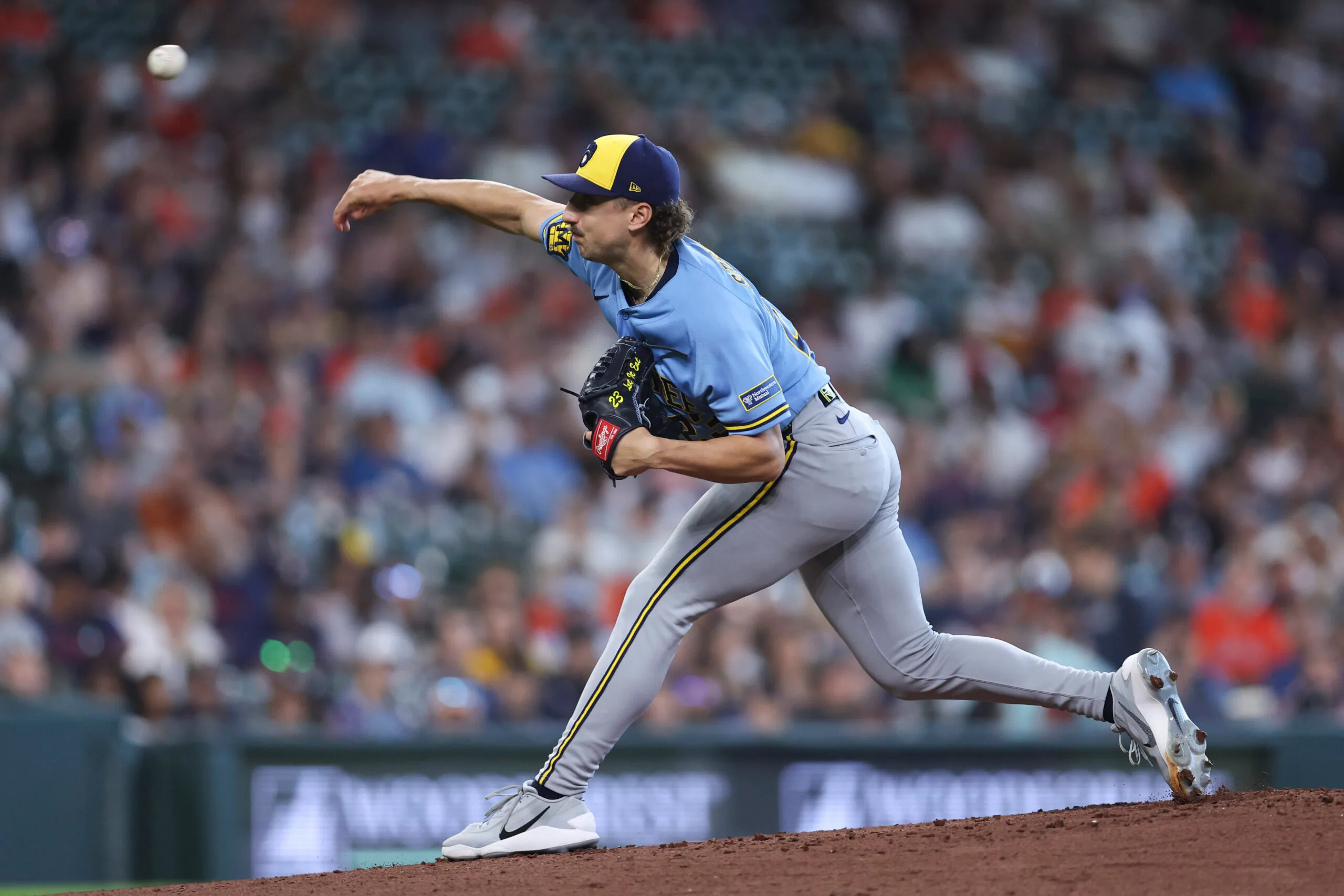 May 30, 2026; Houston, Texas, USA; Milwaukee Brewers starting pitcher Brandon Sproat (23) delivers a pitch during the first inning against the Houston Astros at Daikin Park. Mandatory Credit: Troy Taormina-Imagn Images