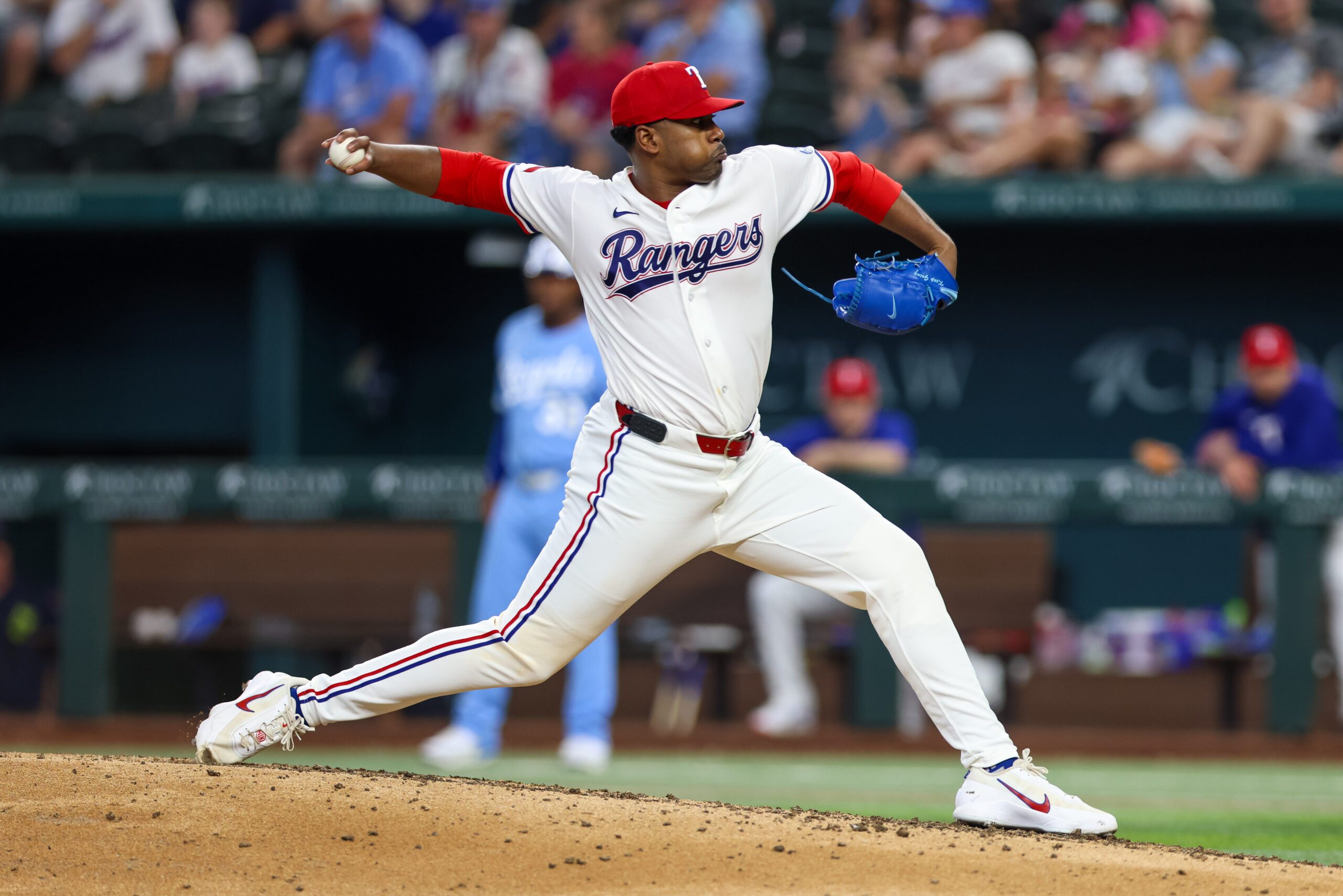 May 30, 2026; Arlington, Texas, USA; Texas Rangers pitcher Kumar Rocker (80) throws during the sixth inning against the Kansas City Royals at Globe Life Field. Mandatory Credit: Andrew Dieb-Imagn Images