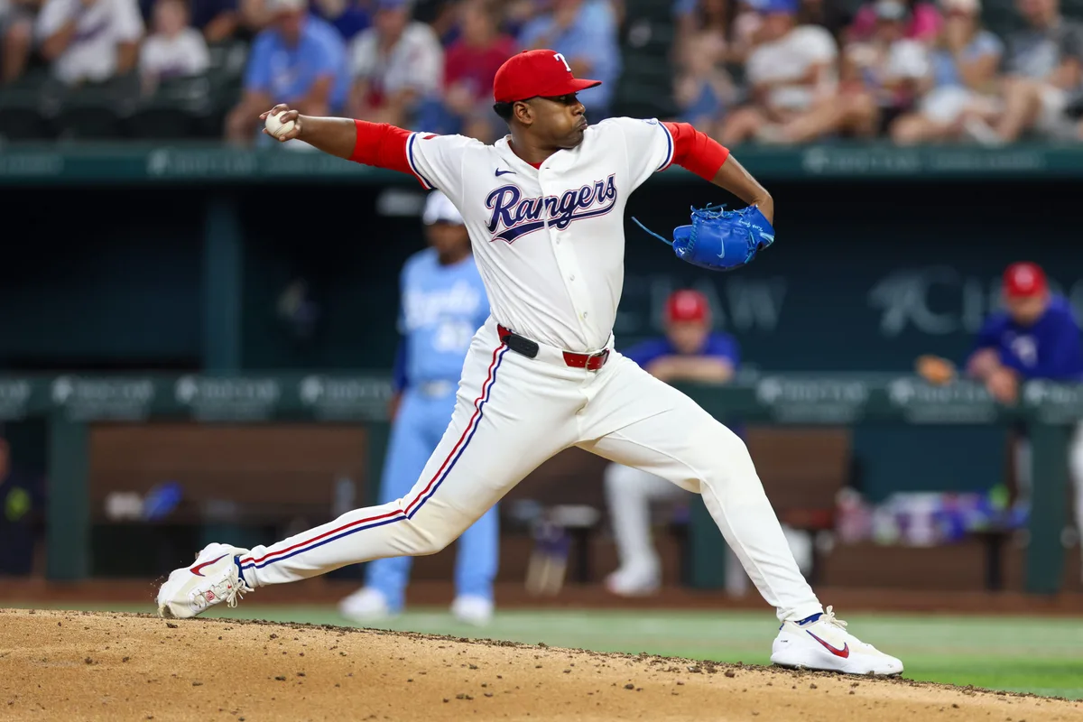 May 30, 2026; Arlington, Texas, USA; Texas Rangers pitcher Kumar Rocker (80) throws during the sixth inning against the Kansas City Royals at Globe Life Field. Mandatory Credit: Andrew Dieb-Imagn Images