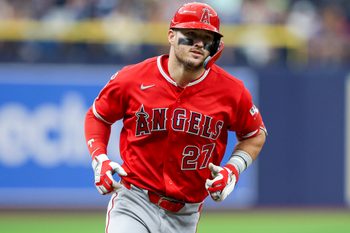 May 30, 2026; St. Petersburg, Florida, USA; Los Angeles Angels center fielder Mike Trout (27) runs the bases after hitting a home run against the Tampa Bay Rays in the fifth inning at Tropicana Field. Mandatory Credit: Nathan Ray Seebeck-Imagn Images
