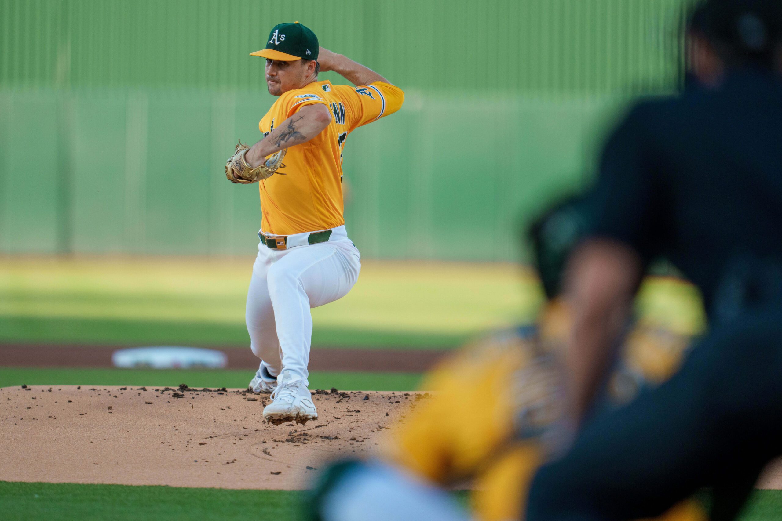 May 30, 2026; West Sacramento, California, USA; Athletics starting pitcher J.T. Ginn (35) delivers a pitch against the New York Yankees during the first inning at Sutter Health Park. Mandatory Credit: Neville E. Guard-Imagn Images