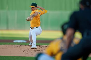 May 30, 2026; West Sacramento, California, USA; Athletics starting pitcher J.T. Ginn (35) delivers a pitch against the New York Yankees during the first inning at Sutter Health Park. Mandatory Credit: Neville E. Guard-Imagn Images