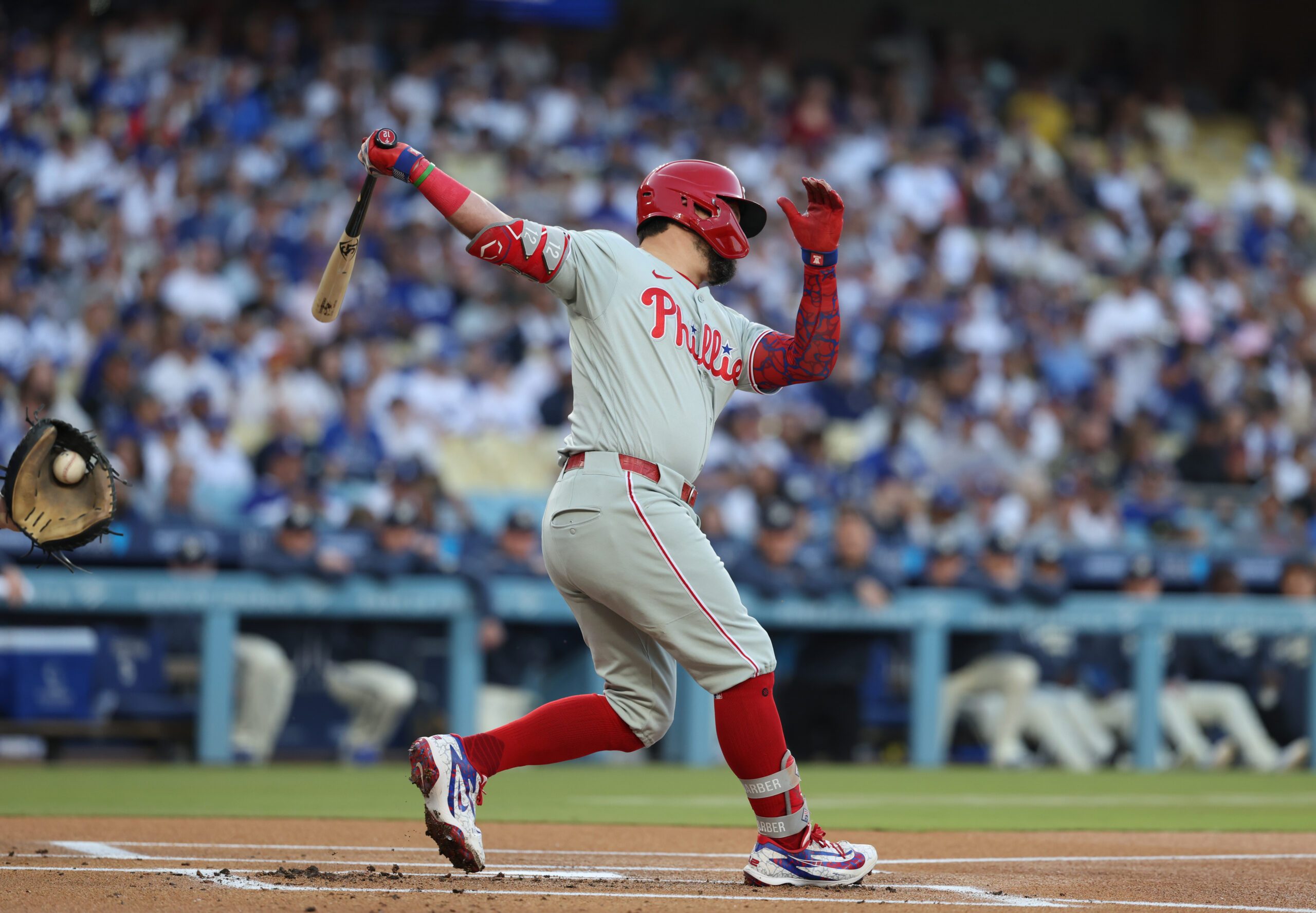 May 30, 2026; Los Angeles, California, USA; Philadelphia Phillies designated hitter Kyle Schwarber (12) strikes out against the Los Angeles Dodgers during the first inning at Dodger Stadium. Mandatory Credit: Kiyoshi Mio-Imagn Images