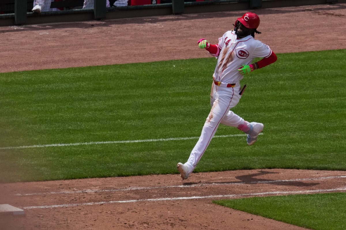 May 31, 2026; Cincinnati, Ohio, USA;  Cincinnati Reds shortstop Elly de la Cruz (44) reacts as he runs to first base, after hitting a single against the Atlanta Braves in the fifth inning at Great American Ball Park. Mandatory Credit: Aaron Doster-Imagn Images