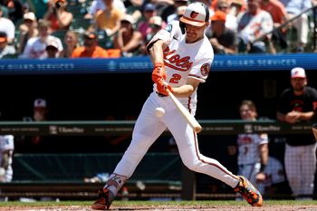May 31, 2026; Baltimore, Maryland, USA; Baltimore Orioles shortstop Gunnar Henderson (2) hits an RBI double during the sixth inning against the Toronto Blue Jays at Oriole Park at Camden Yards. Mandatory Credit: Daniel Kucin Jr.-Imagn Images