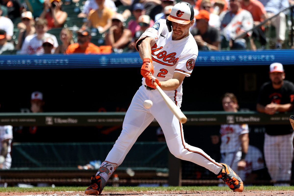 May 31, 2026; Baltimore, Maryland, USA; Baltimore Orioles shortstop Gunnar Henderson (2) hits an RBI double during the sixth inning against the Toronto Blue Jays at Oriole Park at Camden Yards. Mandatory Credit: Daniel Kucin Jr.-Imagn Images