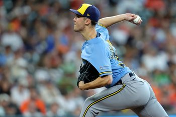 May 31, 2026; Houston, Texas, USA; Milwaukee Brewers pitcher Jacob Misiorowski (32) delivers a pitch against the Houston Astros during the seventh inning at Daikin Park. Mandatory Credit: Erik Williams-Imagn Images