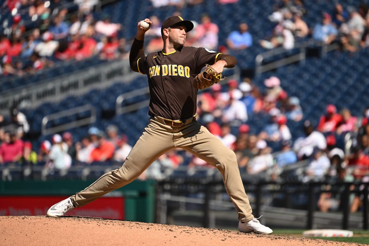 May 31, 2026; Washington, District of Columbia, USA;  San Diego Padres pitcher Jason Adam (40) throws a pitch against the Washington Nationals during the eighth inning at Nationals Park. Mandatory Credit: Rafael Suanes-Imagn Images
