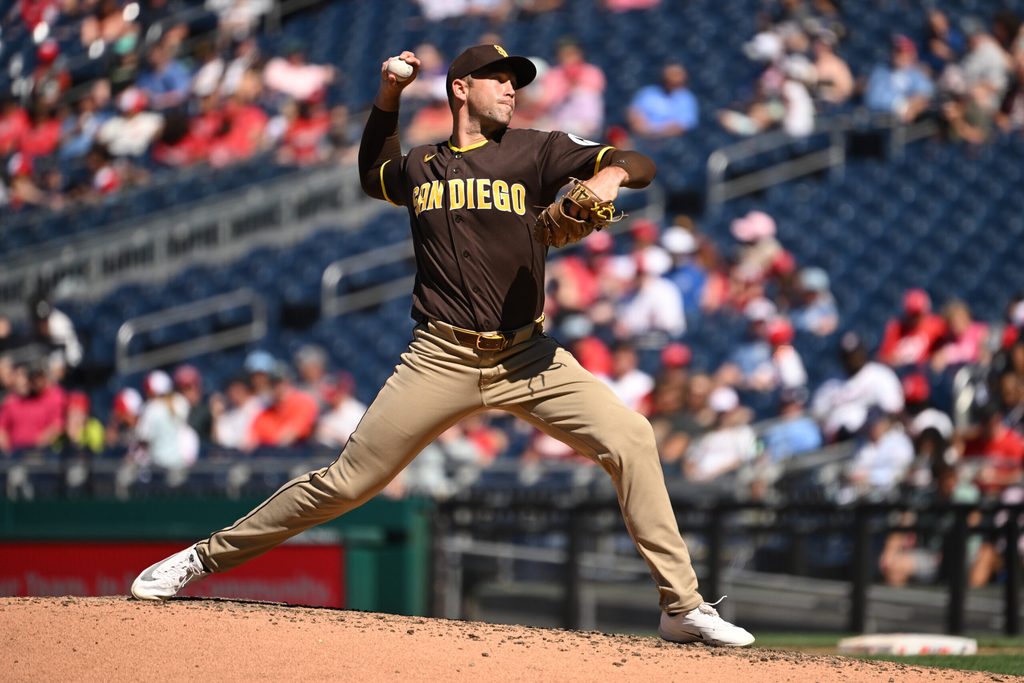May 31, 2026; Washington, District of Columbia, USA; San Diego Padres pitcher Jason Adam (40) throws a pitch against the Washington Nationals during the eighth inning at Nationals Park. Mandatory Credit: Rafael Suanes-Imagn Images