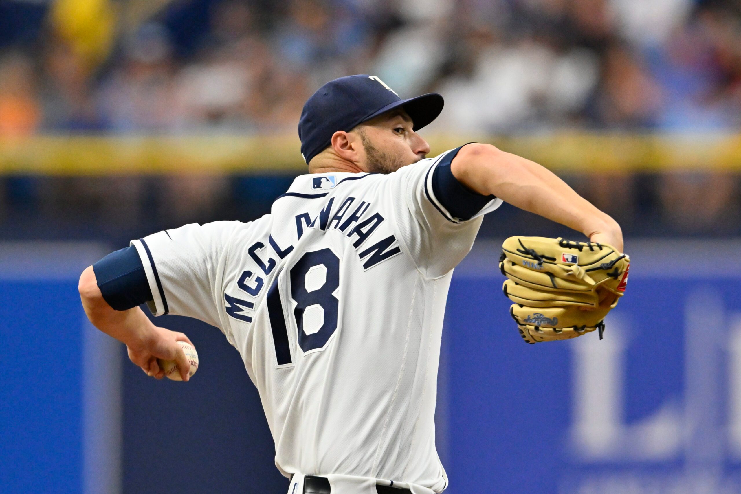 May 31, 2026; St. Petersburg, Florida, USA; Tampa Bay Rays pitcher Shane McClanahan (18) throws a pitch during the fifth inning against Tampa Bay Rays at Tropicana Field. Mandatory Credit: Pablo Robles-Imagn Images