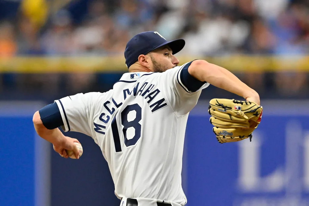 May 31, 2026; St. Petersburg, Florida, USA; Tampa Bay Rays pitcher Shane McClanahan (18) throws a pitch during the fifth inning against Tampa Bay Rays at Tropicana Field. Mandatory Credit: Pablo Robles-Imagn Images