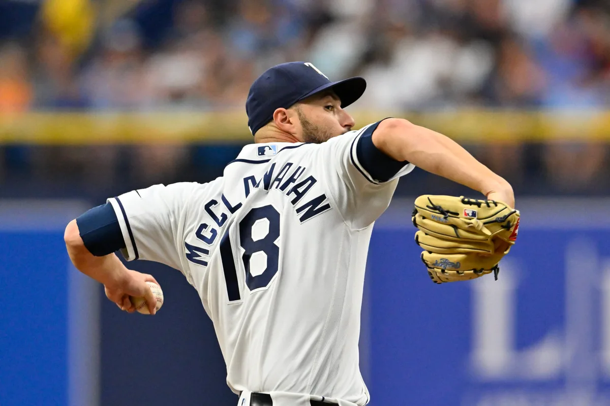 May 31, 2026; St. Petersburg, Florida, USA; Tampa Bay Rays pitcher Shane McClanahan (18) throws a pitch during the fifth inning against Tampa Bay Rays at Tropicana Field. Mandatory Credit: Pablo Robles-Imagn Images