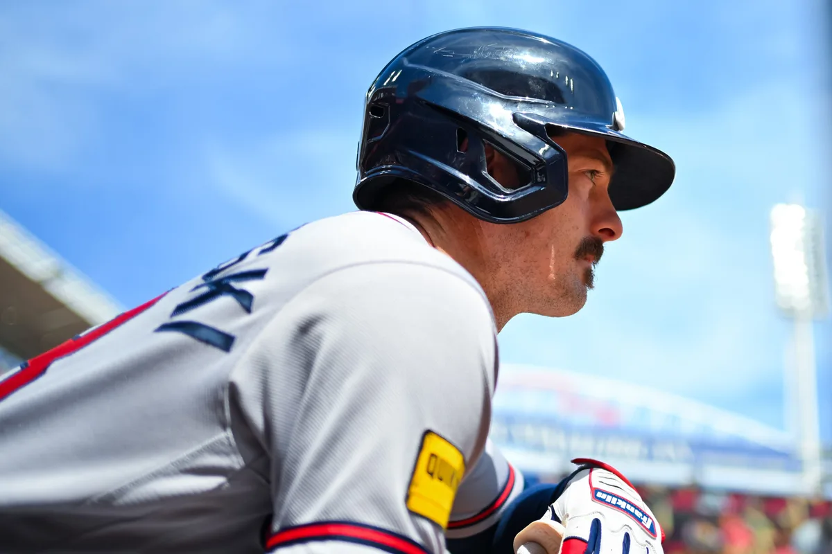 May 31, 2026; Cincinnati, Ohio, USA; Atlanta Braves outfielder Mike Yastrzemski (18) waits to bat against the Cincinnati Reds at Great American Ball Park. Mandatory Credit: Aaron Doster-Imagn Images