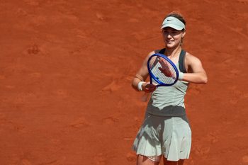Jun 1, 2026; Paris, France;  Anna Kalinskaya celebrates winning her match against Anastasia Potapova of Austria on day nine at Stade Roland Garros. Mandatory Credit: Susan Mullane-Imagn Images
