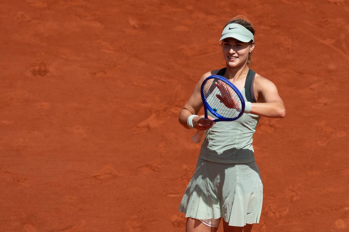 Jun 1, 2026; Paris, France; Anna Kalinskaya celebrates winning her match against Anastasia Potapova of Austria on day nine at Stade Roland Garros. Mandatory Credit: Susan Mullane-Imagn Images