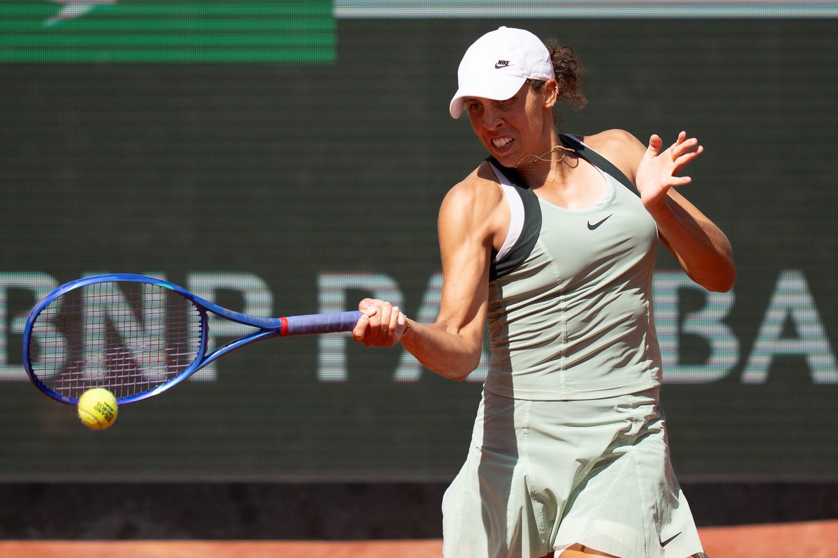 Jun 1, 2026; Paris, France;  Madison Keys of the United States returns a shot during her match against Diana Shnaider on day nine at Stade Roland Garros. Mandatory Credit: Susan Mullane-Imagn Images