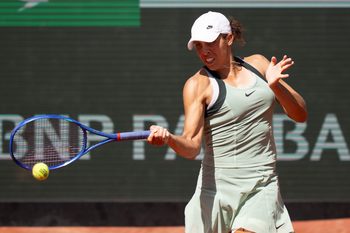 Jun 1, 2026; Paris, France;  Madison Keys of the United States returns a shot during her match against Diana Shnaider on day nine at Stade Roland Garros. Mandatory Credit: Susan Mullane-Imagn Images
