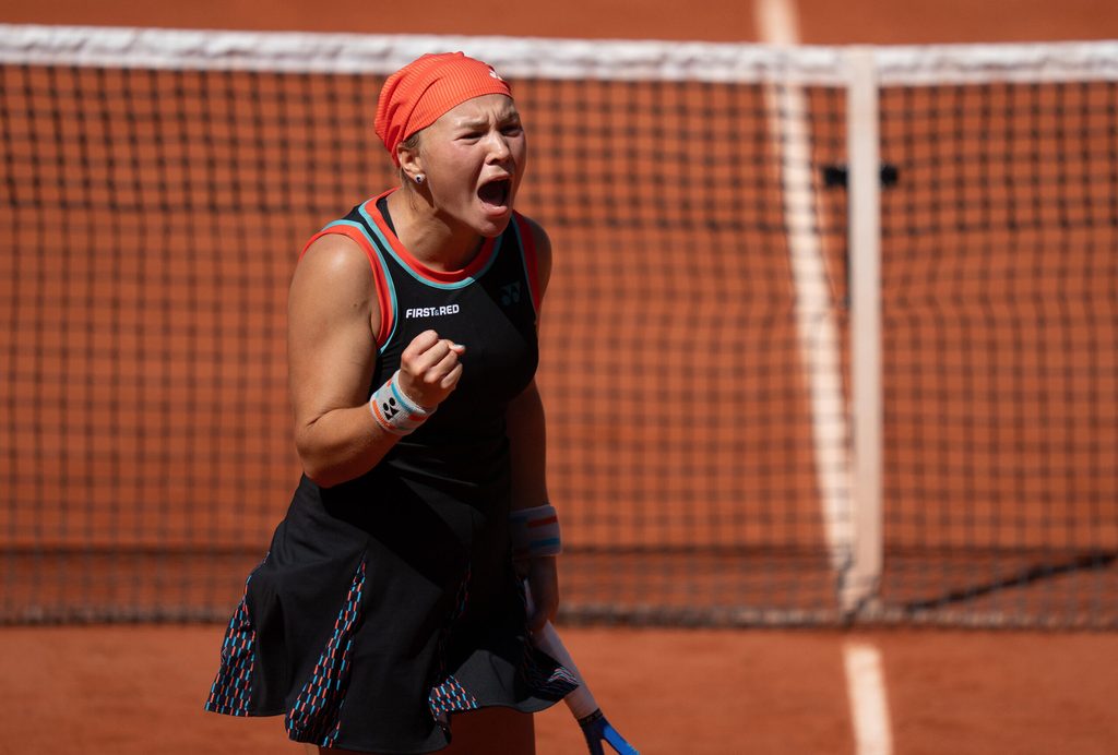 Jun 1, 2026; Paris, France; Diana Shnaider reacts during her match against Madison Keys of the United States on day nine at Stade Roland Garros. Mandatory Credit: Susan Mullane-Imagn Images